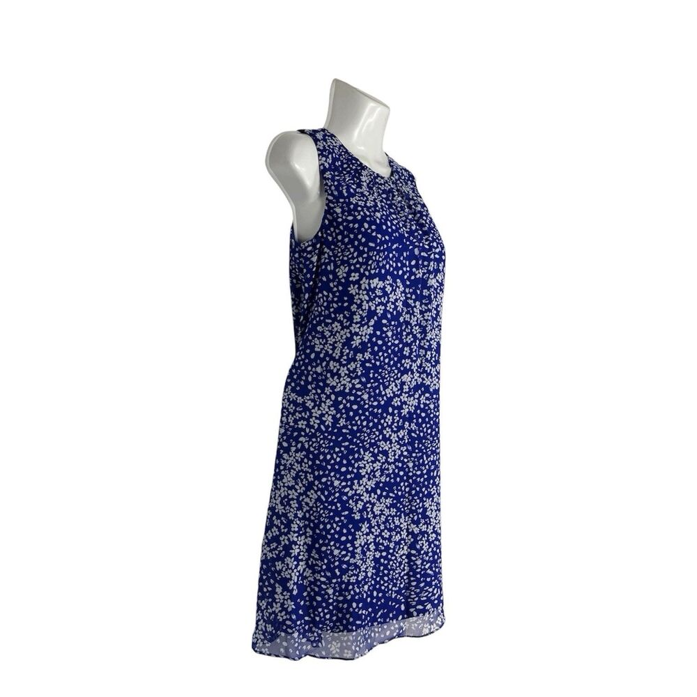 DKNY Blue Floral Sleeveless Mini Shift Dress Size 2 Pleated Neck Summer Party - Picture 3 of 8